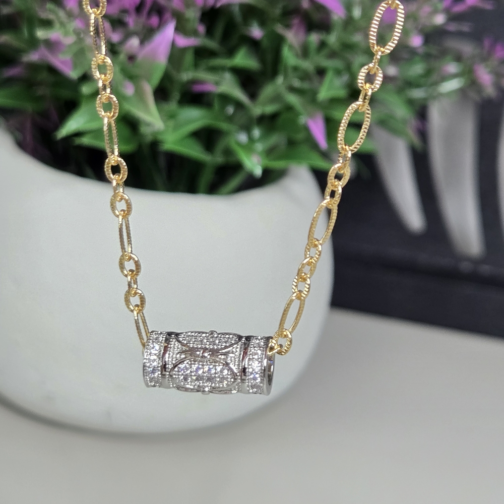 Necklace Gold Chain Choker Length Pave Crystal Barrel Pendant - Two-Tone